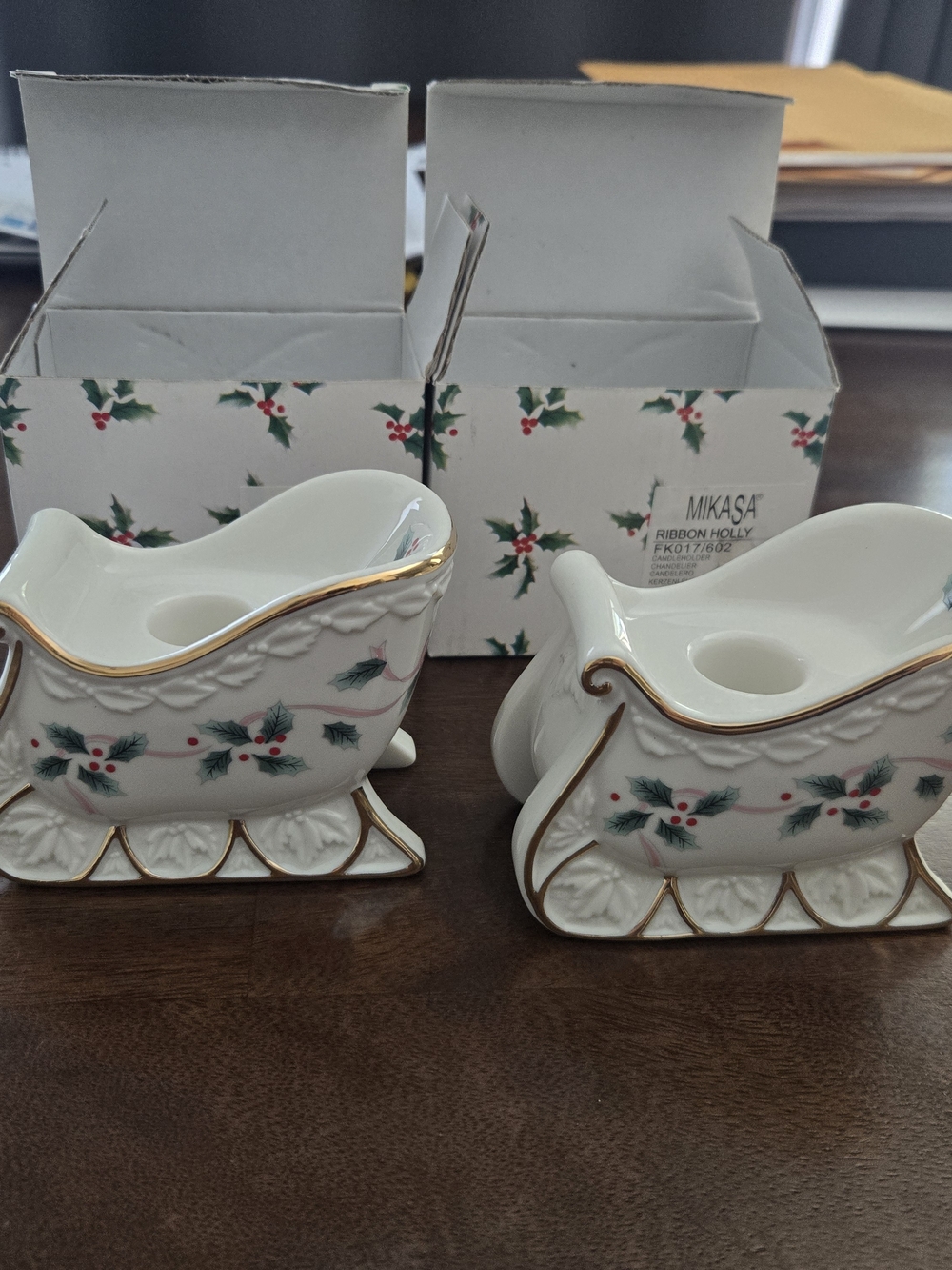 Mikasa Ribbon Holly Sleigh Candlesticks Set Of 2